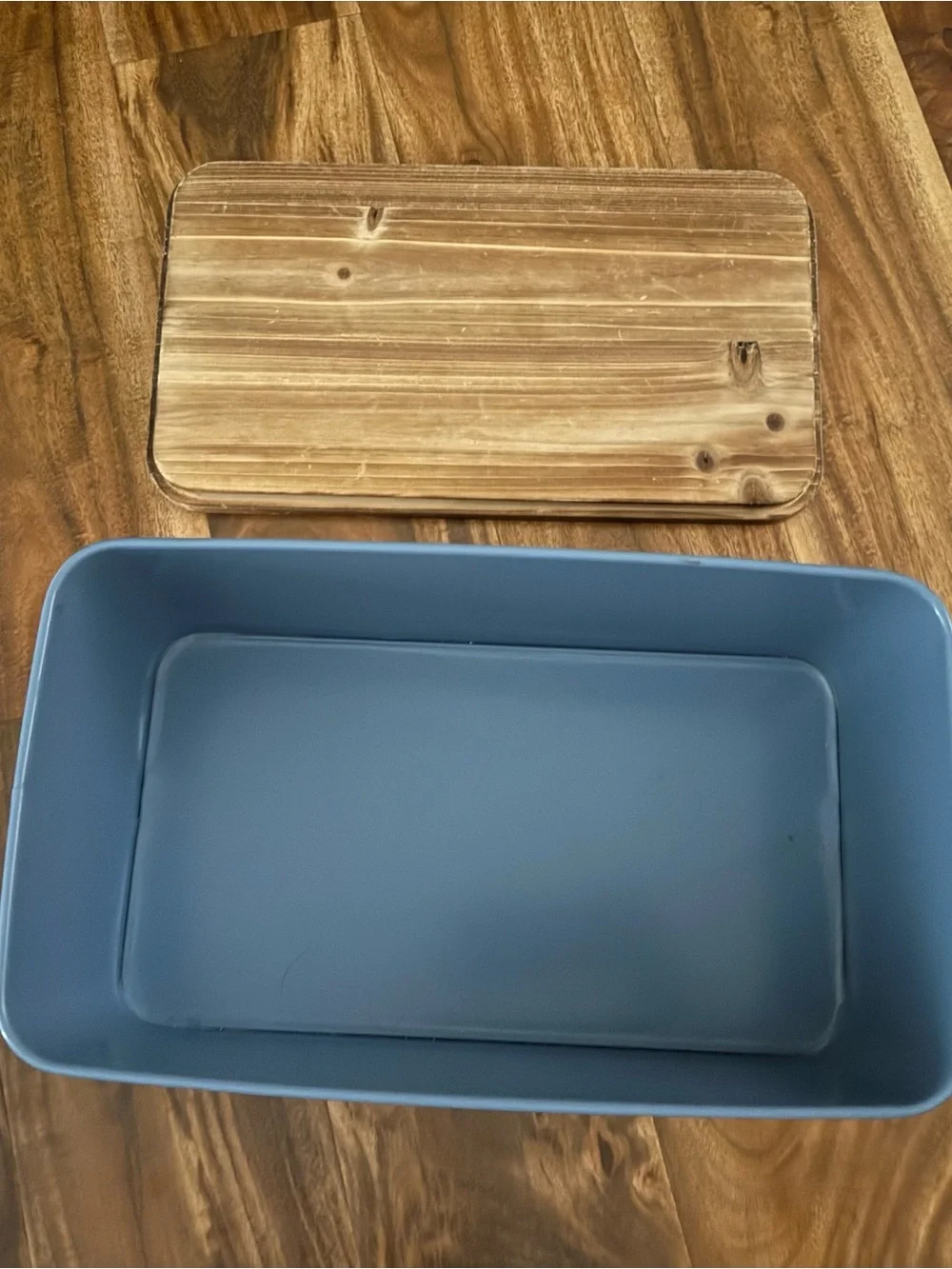 Blue Bread Box with Wooden Lid - Modern Kitchen Storage